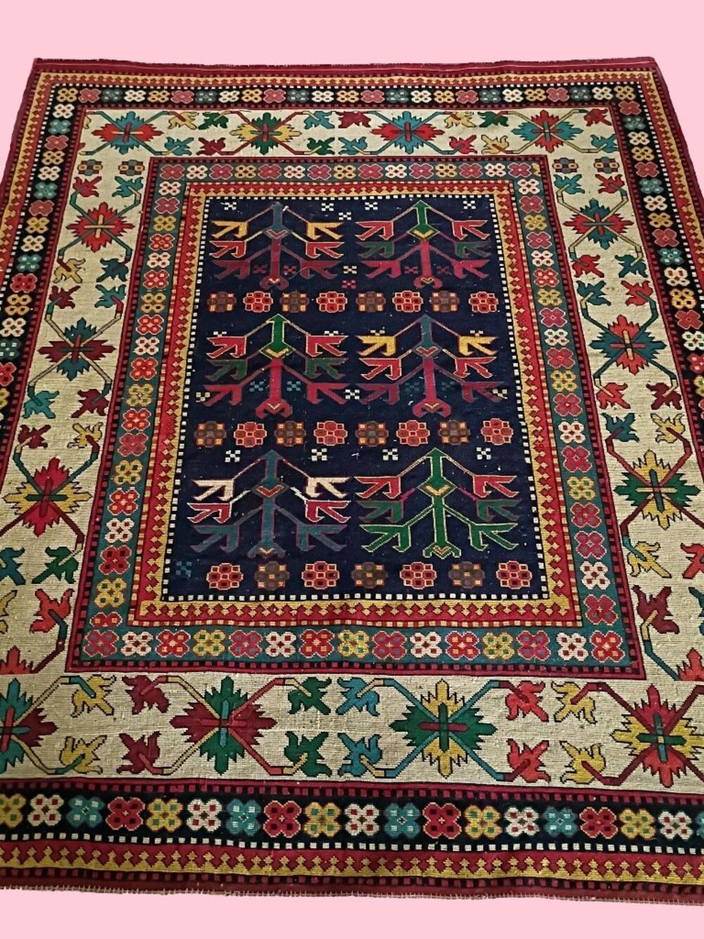 1900's Kazak Persian Tribal Hand-Knotted Tree of Life Multicolor Antique Rug